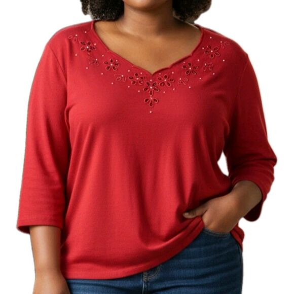 Quacker Factory Red Blouse Floral Cutout Rhinestone  Womens Size XL 3/4 Sleeve - Picture 1 of 5